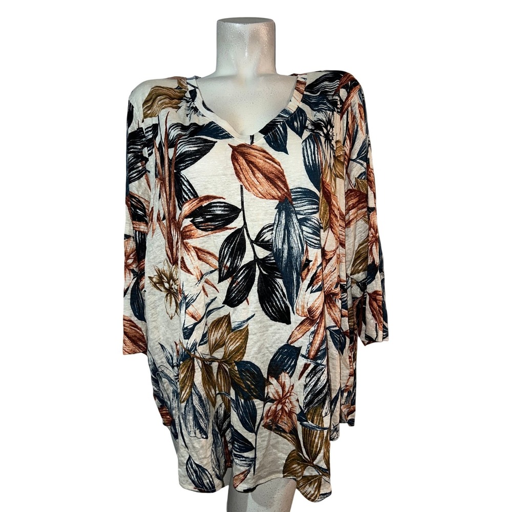 C&C California Womens 3X Linen Tropical Leaf V-Neck Top Rust Olive NEW